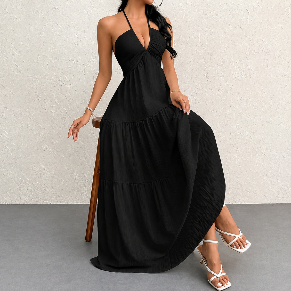 VESTIDO LARGO ESTILO HALTER CUELLO EN V PARA VERANO