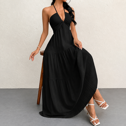 VESTIDO LARGO ESTILO HALTER CUELLO EN V PARA VERANO