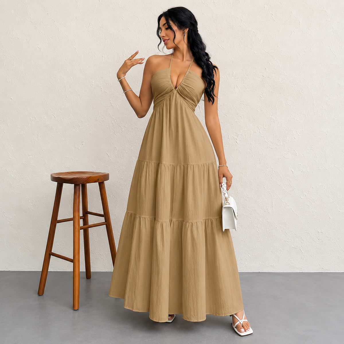 VESTIDO LARGO ESTILO HALTER CUELLO EN V PARA VERANO