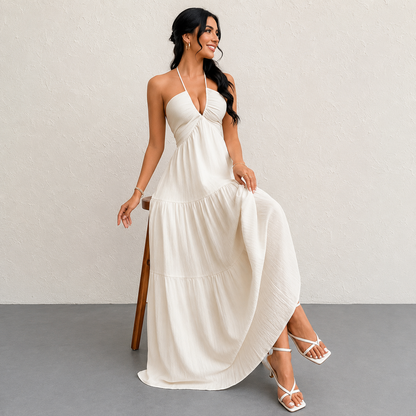 VESTIDO LARGO ESTILO HALTER CUELLO EN V PARA VERANO