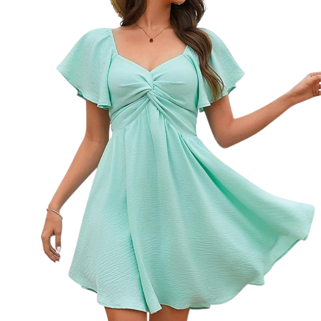 VESTIDO CORTO EN TEJIDO LIGERO CON NUDO FRONTAL FRESCURA Y ESTILO