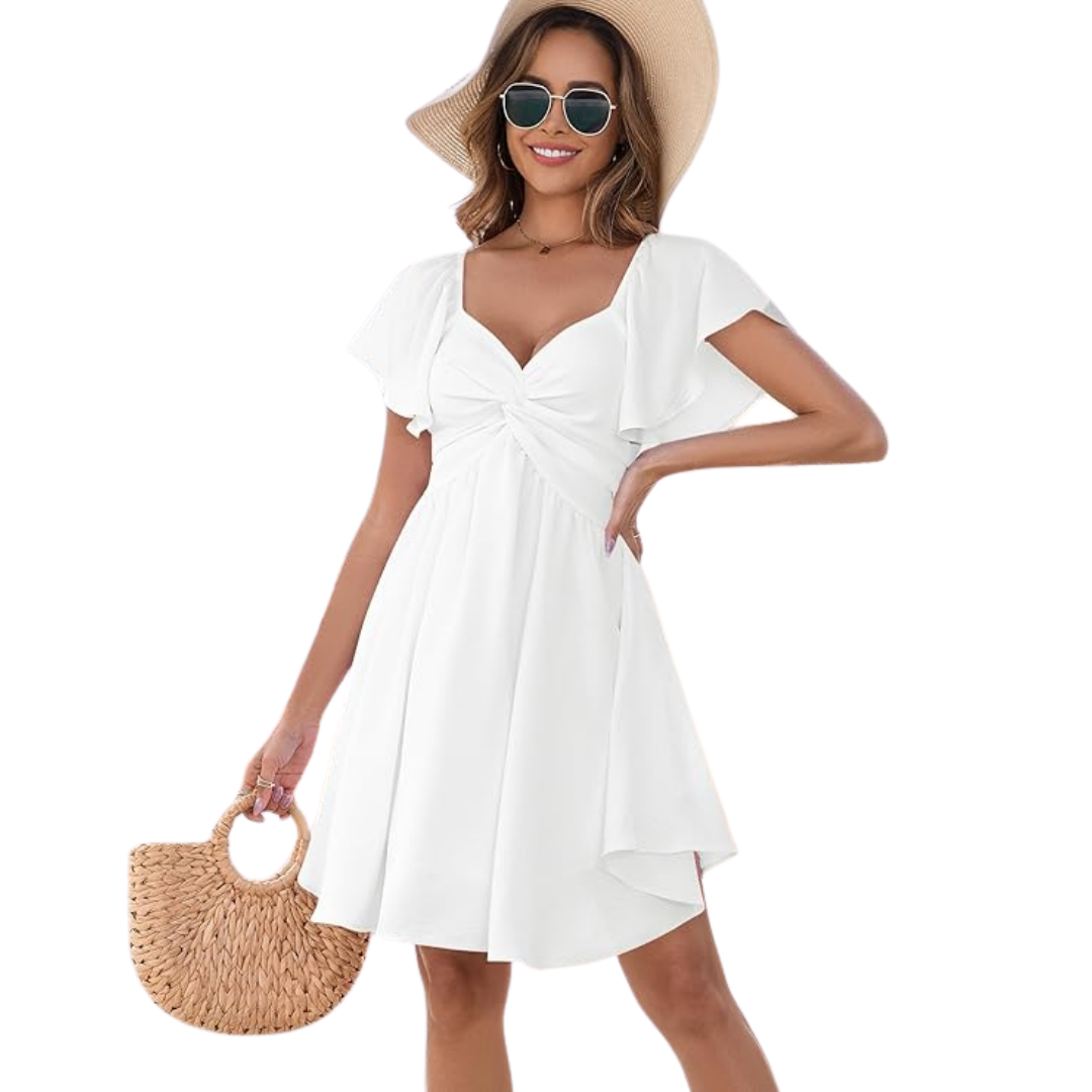 VESTIDO CORTO EN TEJIDO LIGERO CON NUDO FRONTAL FRESCURA Y ESTILO