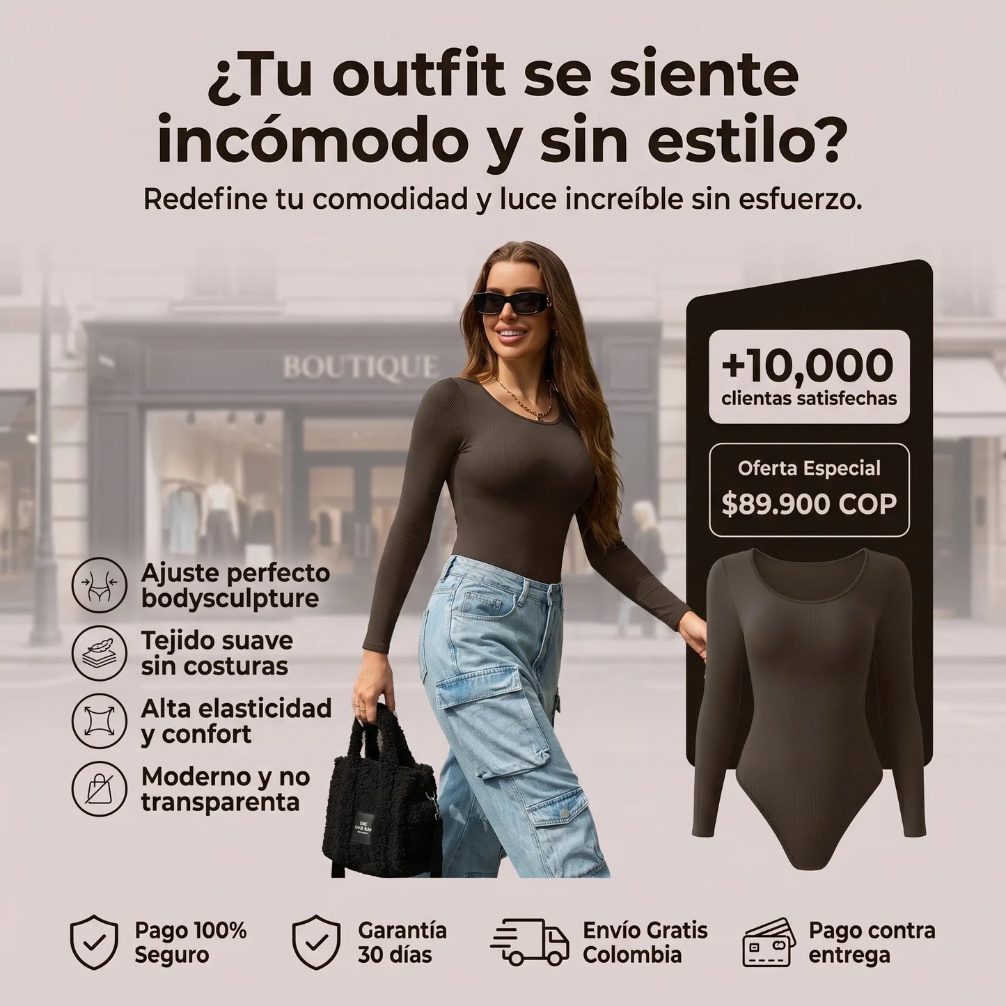 BODYSUIT MANGA LARGA CON CUELLO REDONDO Y TEXTURA CANALÉ