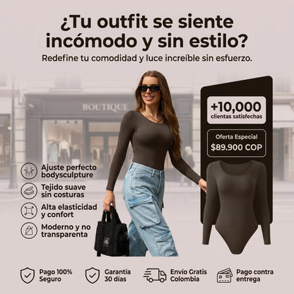 BODYSUIT MANGA LARGA CON CUELLO REDONDO Y TEXTURA CANALÉ