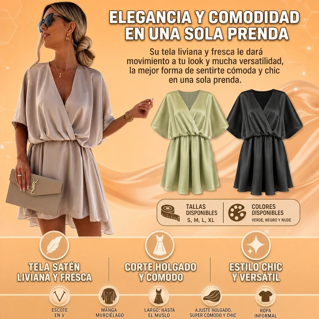 VESTIDO CUELLO V EN SATÉN CORTE TENDENCIA SILUETA AMPLIA