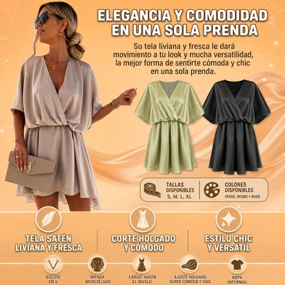 VESTIDO CUELLO V EN SATÉN CORTE TENDENCIA SILUETA AMPLIA