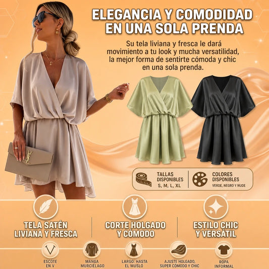 VESTIDO CUELLO V EN SATÉN CORTE TENDENCIA SILUETA AMPLIA
