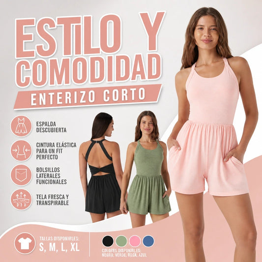 ENTERIZO CORTO CON BOLSILLOS Y ESPALDA DESCUBIERTA FIT PERFECTO
